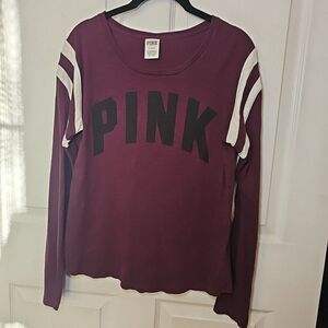 Pink Women's Burgundy White Stripe Campus Long Sleeve Tee Medium